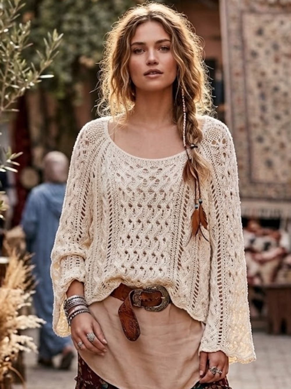 Free People Cream Openwork Scoop Neck Sweater